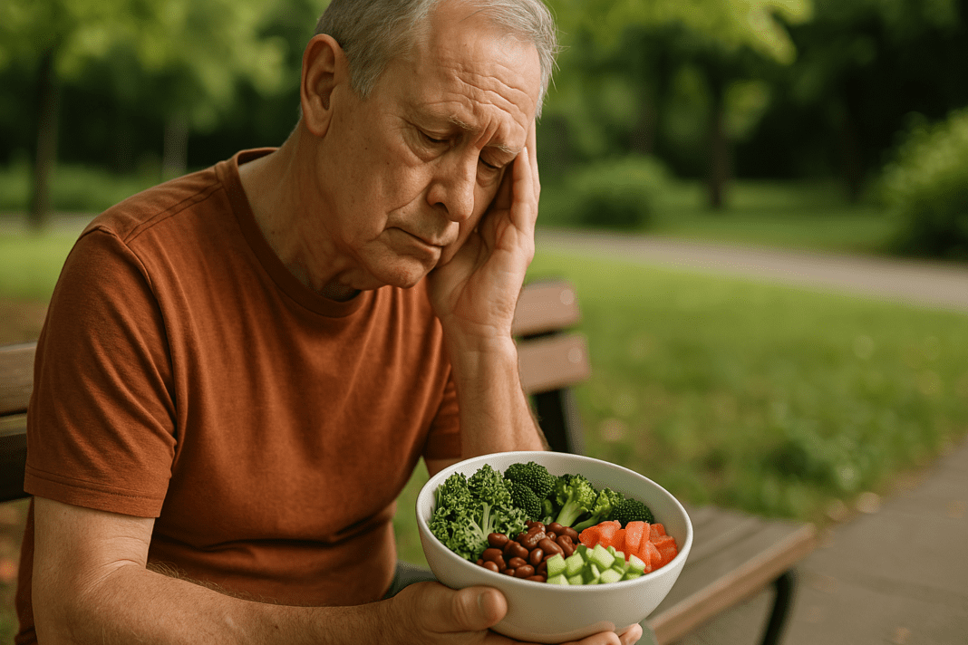 An elderly Caucasian man with short gray hair sits thoughtfully on a park bench, holding a bowl of fresh vegetables. The serene outdoor setting with natural greenery and soft morning light emphasizes the theme of healthy eating for diabetes and high blood pressure.