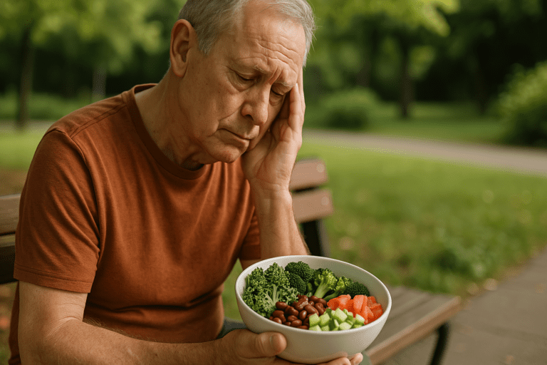 An elderly Caucasian man with short gray hair sits thoughtfully on a park bench, holding a bowl of fresh vegetables. The serene outdoor setting with natural greenery and soft morning light emphasizes the theme of healthy eating for diabetes and high blood pressure.