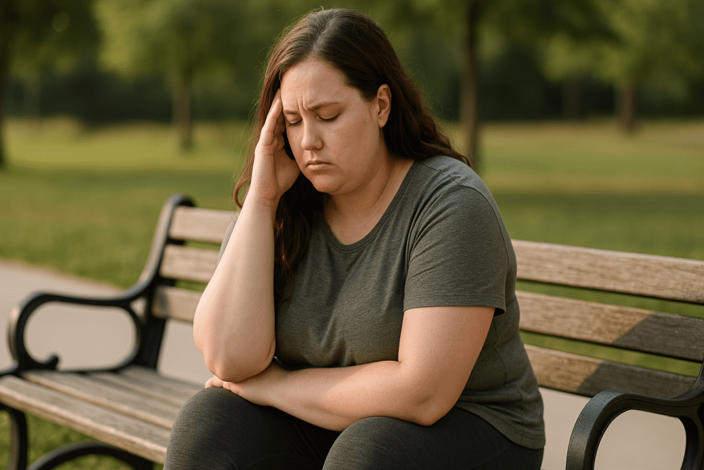How Binge Eating Medicine and Nutrition Strategies Can Support Weight Loss and Binge Eating Recovery Safely 3 A young woman with wavy brown hair, wearing an olive-green t-shirt and dark leggings, sits on a weathered bench in a tranquil park during golden hour. She gazes into the distance with a contemplative expression, surrounded by lush greenery and soft, dappled sunlight.