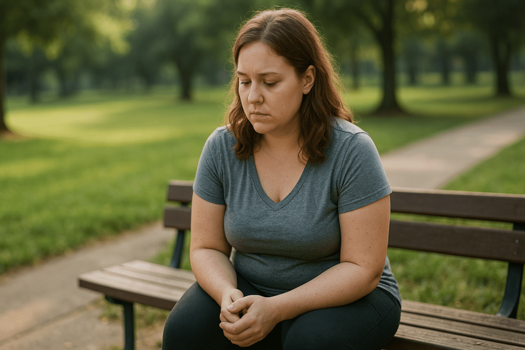 A young woman in her mid-twenties, with light brown wavy hair, sits pensively on a park bench during late afternoon. She gazes downward thoughtfully while surrounded by lush greenery and dappled shadows, with her expression conveying quiet reflection.