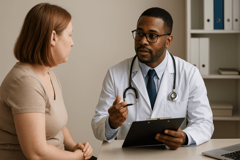 In a medical consultation scene, an African-American doctor in a white lab coat engages with a concerned Caucasian female patient wearing a beige T-shirt. The doctor holds a clipboard and pen as they converse, with neutral office tones and soft lighting creating a calm, professional atmosphere.
