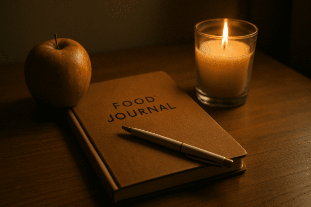 A brown leather-bound food journal marked “FOOD JOURNAL” sits on a textured wooden table, accompanied by a ripe apple and a lit candle in a glass jar. The warm ambient light highlights the importance of mindful eating and tracking dietary habits for managing diabetes and hypertension.