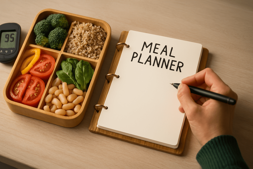 A wooden bento box filled with colorful, plant-based ingredients sits beside an open meal planner labeled “MEAL PLANNER,” with a glucose meter displaying 95 mg/dL. The soft natural lighting emphasizes the theme of structured meal planning and blood sugar control through healthy eating.