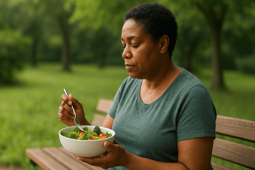 A middle-aged African American woman sits on a wooden bench in a sunlit park, enjoying a fresh salad filled with leafy greens. Her relaxed posture and focused expression, combined with the natural surroundings, reinforce the theme of making healthy dietary choices for managing diabetes and high blood pressure.