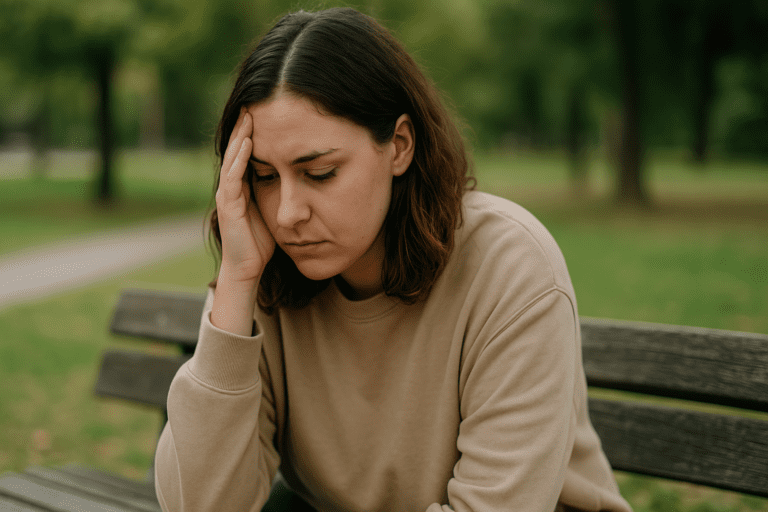 A young woman with shoulder-length, wavy brown hair, dressed in a cozy beige sweatshirt, sits thoughtfully on a weathered park bench. The soft, natural light highlights her pensive expression as she gazes downward, with a blurred park setting in the background, creating a calm and introspective mood.