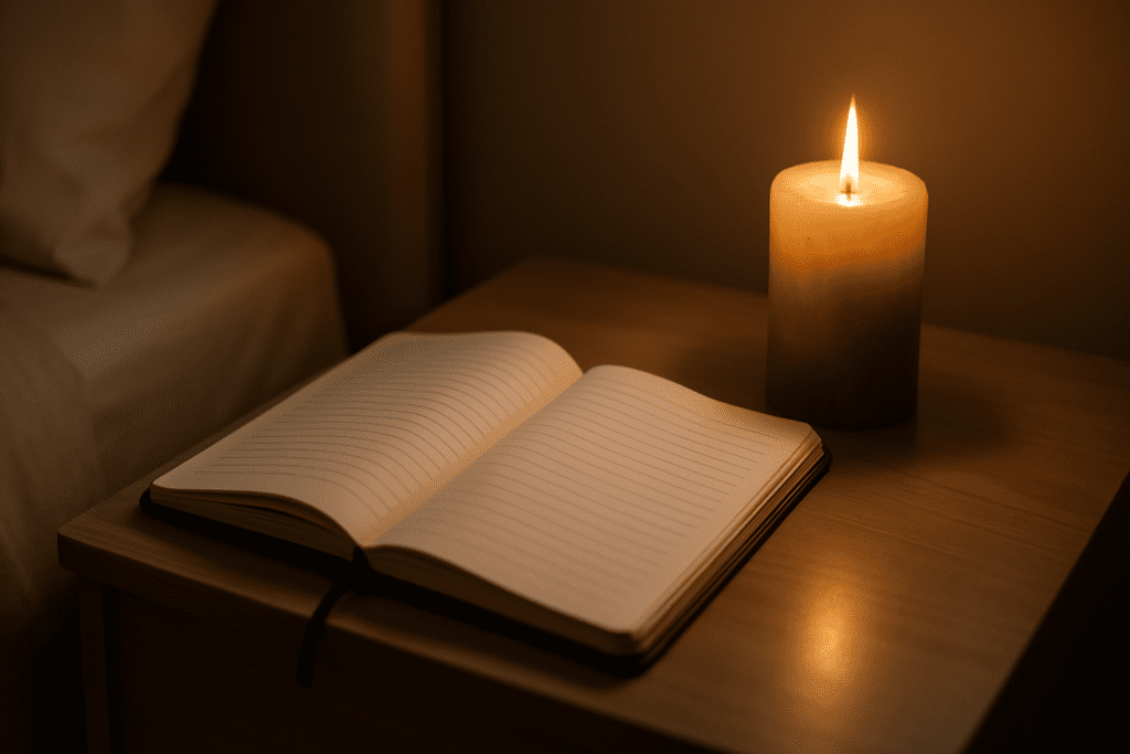 An open journal rests on a light wooden bedside table, with a flickering candle beside it, casting a warm glow over the scene. The journal's pages are softly curled, and a nearby bed, with a rumpled duvet and white pillow, creates a calm, tranquil ambiance in the background.