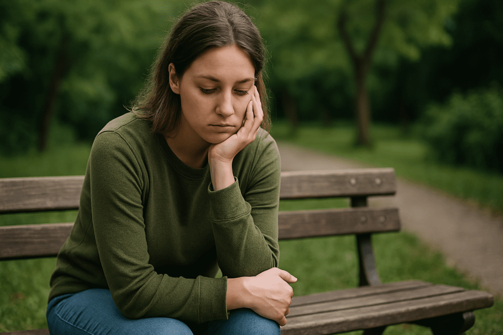 A young woman with shoulder-length brown hair, casually styled with natural highlights, sits alone on a weathered wooden bench in a park. Her neutral expression and downcast eyes suggest deep thought as she rests her left hand on her cheek in a relaxed, introspective posture, while the soft, overcast light gently highlights her features amidst the lush, green surroundings.