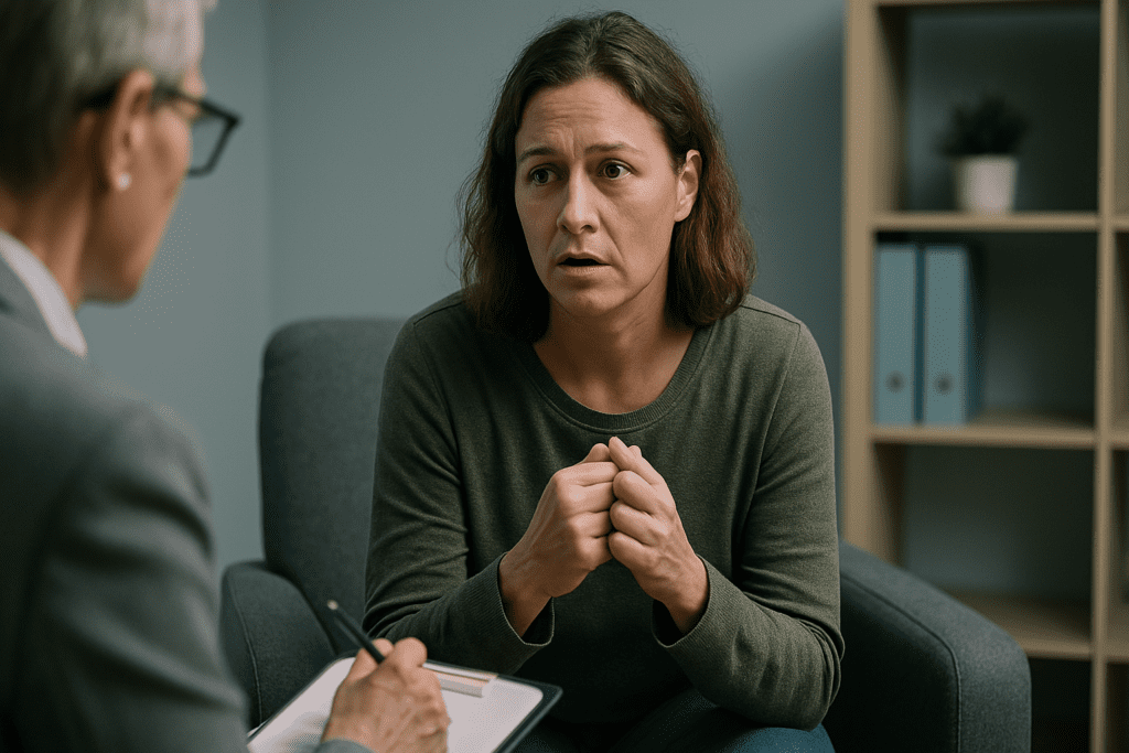 A therapy session focusing on binge eating features a woman with shoulder-length chestnut hair, dressed in an olive shirt, showing a concerned expression while engaged in conversation. The background is soft, with a simple, calm office setting, and the therapist's focused posture enhances the intimate, emotionally driven moment, captured in cool, muted tones with gentle lighting.