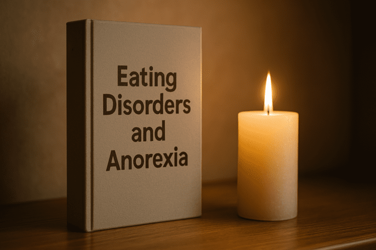 A hardcover book titled "Eating Disorders and Anorexia" rests beside a glowing cream pillar candle on a wooden table, with warm candlelight casting soft shadows. The minimalistic setup and symbolic pairing visually reinforce themes of recovery, healing, and self-reflection through expert-guided literature.