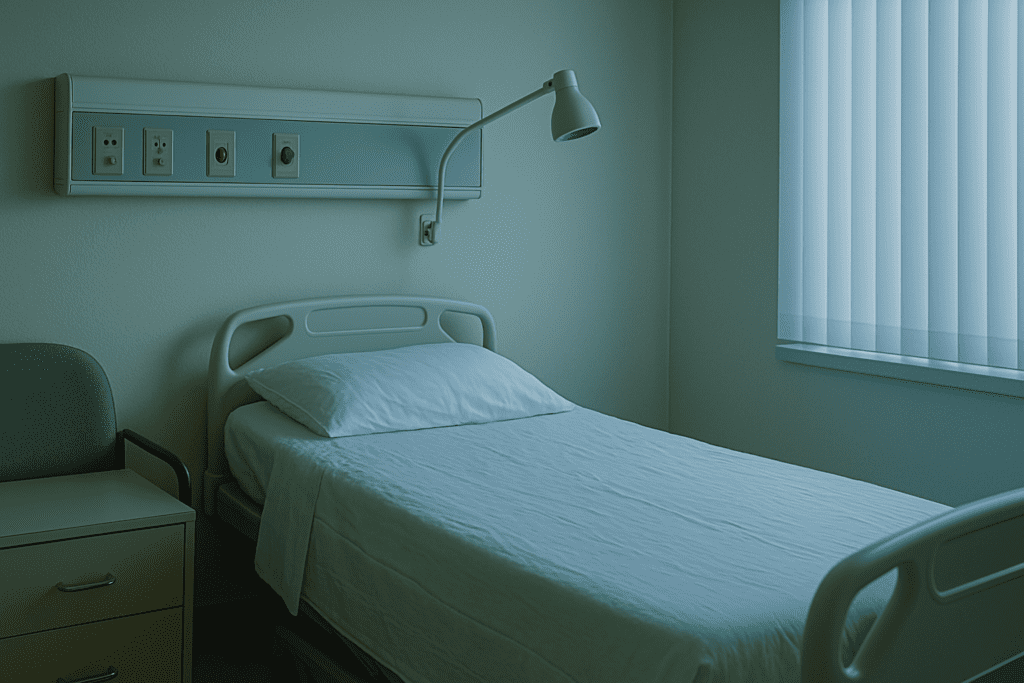 A calm, uncluttered hospital room with a single bed, gray walls, and soft natural daylight entering through a large window creates a sterile yet peaceful setting. The medical context, combined with a clean layout, visually implies the clinical support often involved in eating disorder treatment.