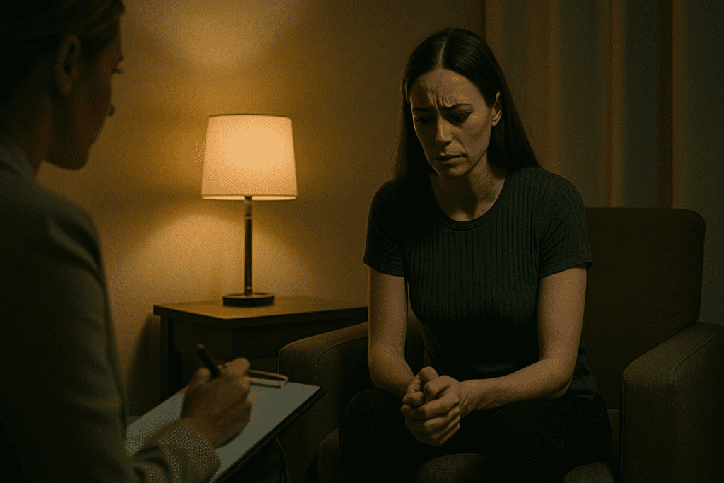 A woman in therapy for eating disorder recovery sits tensely in a softly lit room, her hands clasped and posture withdrawn as the therapist listens and takes notes. The dim, warm lighting and emotionally charged setting underscore the critical role of professional support in mental health treatment.