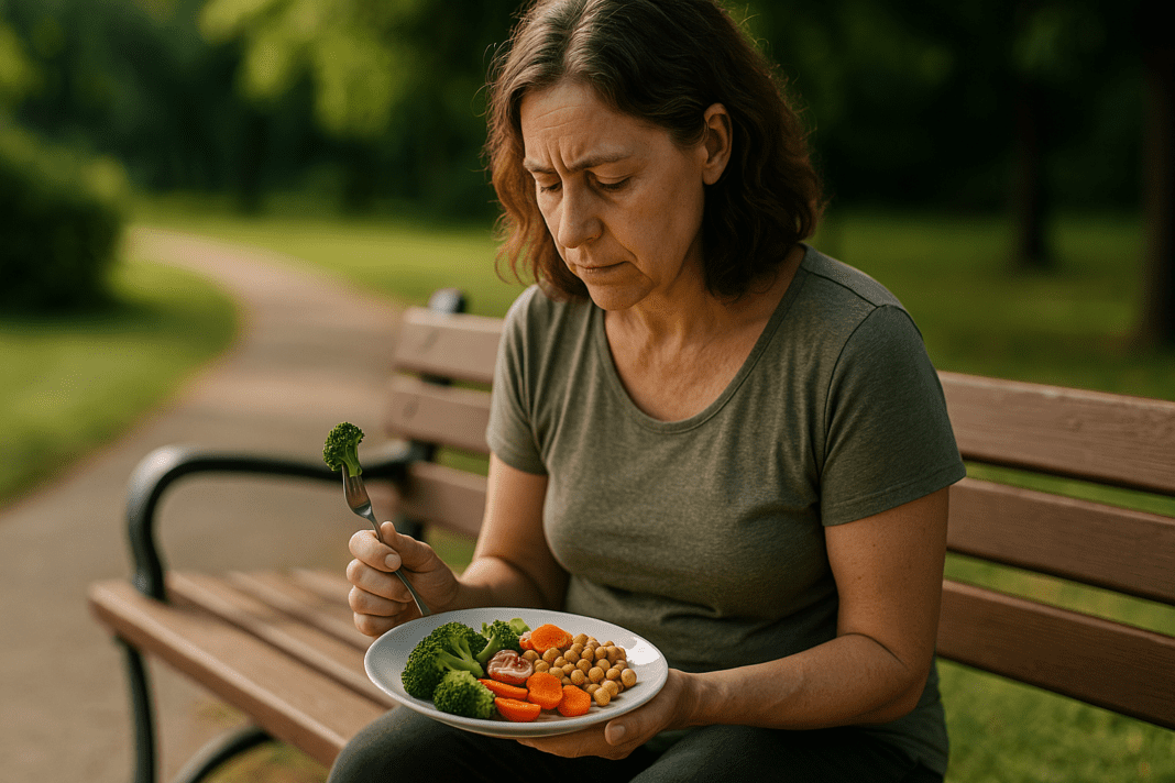 A middle-aged woman with shoulder-length wavy brown hair sits on a wooden bench outdoors, holding a plate of vegetarian food with broccoli, carrots, tomatoes, and chickpeas. She gazes thoughtfully at her meal in soft daylight, while the blurred greenery in the background creates a serene and peaceful atmosphere, emphasizing a focus on healthy eating to manage Type 2 diabetes naturally.