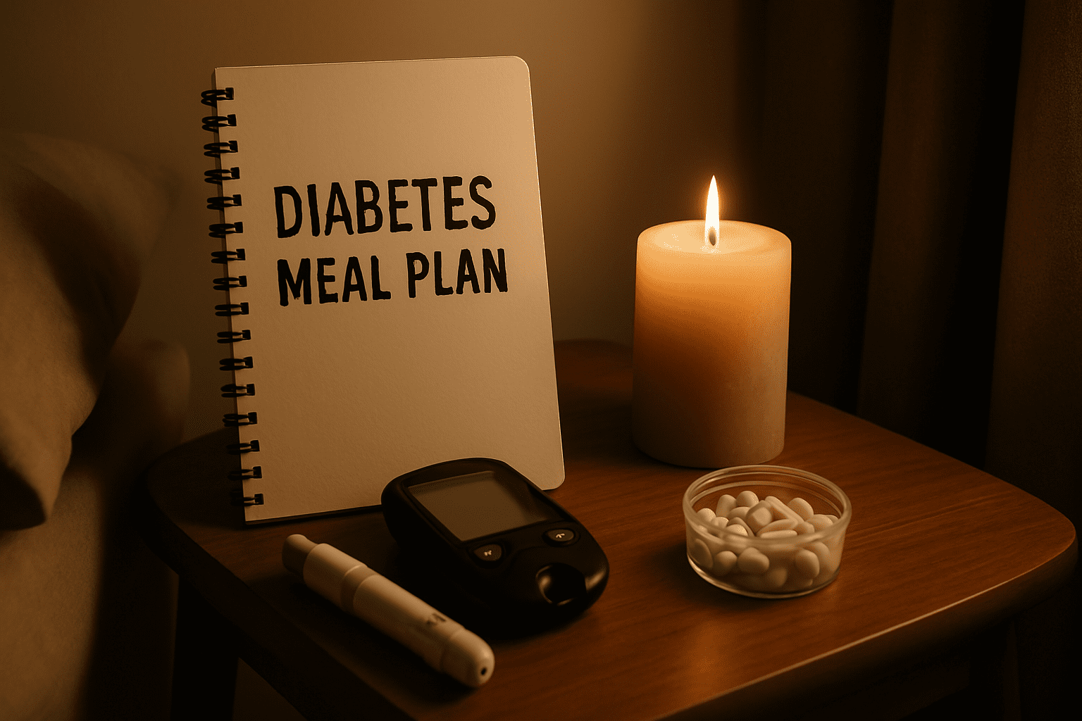 Best Vegetarian Diabetic Meal Plan to Manage Type 2 Diabetes Naturally 2 A close-up of a diabetes management kit placed neatly on a wooden nightstand in a softly lit bedroom. The 'DIABETES MEAL PLAN' notebook is the focal point, surrounded by a glucose meter, lancing device, and pill container. The warm glow of a flickering candle adds a calming ambiance, symbolizing a mindful and organized approach to managing Type 2 diabetes effectively.