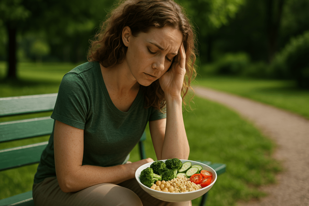 Best Vegetarian Diabetic Meal Plan to Manage Type 2 Diabetes Naturally 3 A young woman with curly, light brown hair sits on a park bench, wearing a casual green T-shirt and beige pants. She reflects quietly, with a plate of steamed vegetables and quinoa placed in front of her. The sun-dappled park setting adds warmth and calmness, highlighting her mindful approach to following a vegetarian meal plan for natural Type 2 diabetes management.