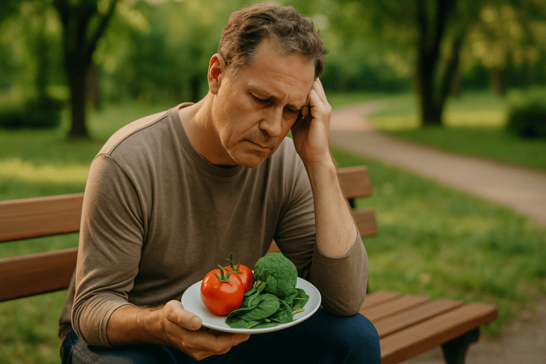 A middle-aged man in his mid-50s sits on a park bench in the late afternoon, holding a plate of fresh vegetables, including ripe tomatoes, spinach, and broccoli. His contemplative expression suggests a focus on healthy eating and blood sugar management, while the lush greenery and winding path in the softly lit background emphasize the serene outdoor setting.