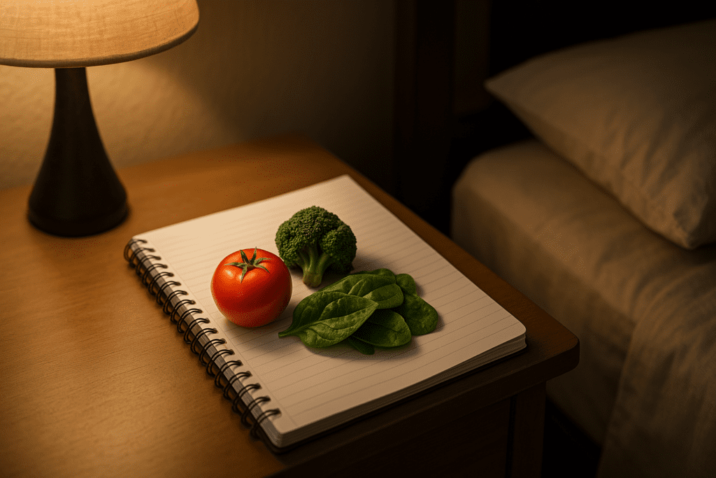Best Vegetables for Diabetes: Are Tomatoes, Spinach, and Broccoli Good for Blood Sugar Control? 1 A notebook with vegetables, including a ripe tomato, vibrant spinach, and broccoli, sits on a wooden nightstand in a softly lit room. A dim lamp casts a warm, ambient glow over the scene, highlighting the fresh ingredients and creating a peaceful, nighttime interior atmosphere with an uncluttered background of a bed and textured wall.