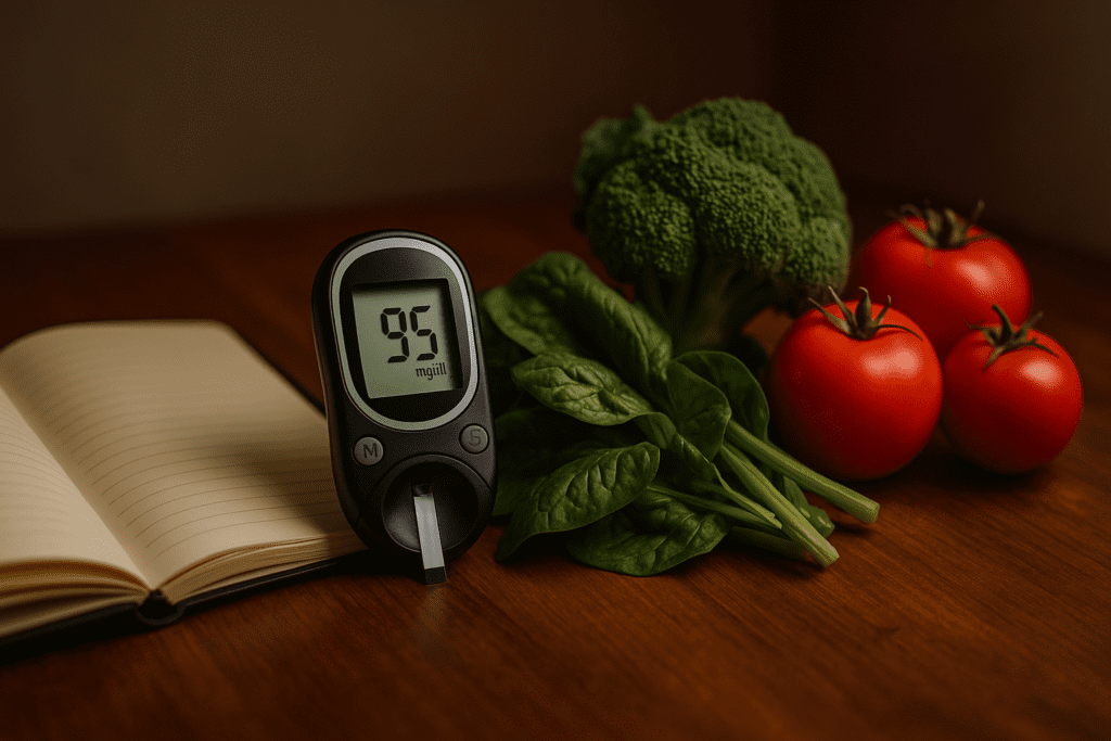 Best Vegetables for Diabetes: Are Tomatoes, Spinach, and Broccoli Good for Blood Sugar Control? 2 A close-up of a glucometer displaying a blood sugar reading of 95 mg/dL rests on a wooden surface alongside a notebook and fresh vegetables such as broccoli, spinach, and tomatoes. The warm, soft lighting enhances the natural textures of the vegetables, while the rich, dark tones of the wood create contrast, emphasizing a focus on diabetes management and healthy eating.