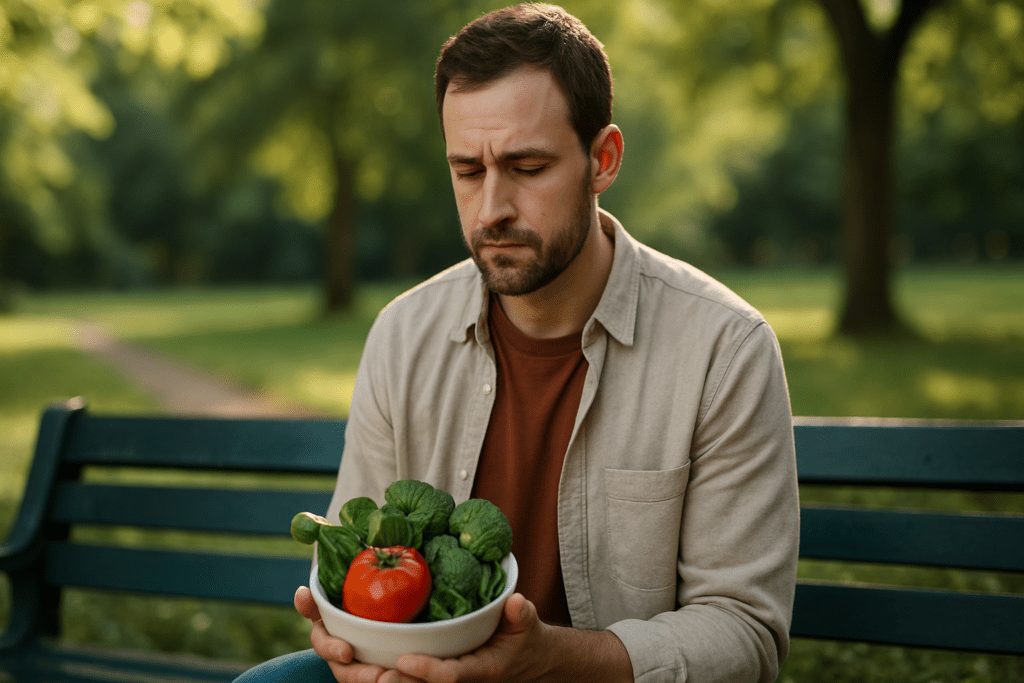 Best Vegetables for Diabetes: Are Tomatoes, Spinach, and Broccoli Good for Blood Sugar Control? 3 A man in his mid-30s with short dark hair and a beard sits on a bench in a sunlit park, thoughtfully examining a bowl filled with fresh vegetables—tomatoes, spinach, and broccoli. His relaxed posture and contemplative expression convey a focus on healthy eating, while the soft sunlight filtering through the trees and the lush greenery create a peaceful and natural outdoor setting