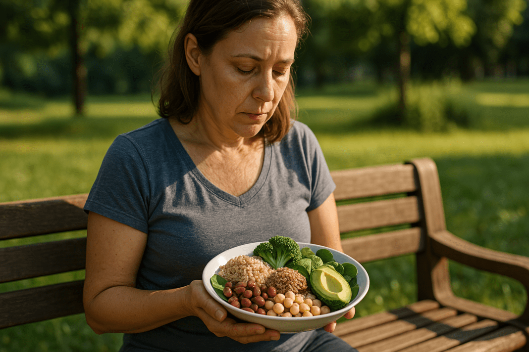 A light-skinned woman with light brown hair sits thoughtfully on a wooden bench in a serene park during late afternoon. She holds a plate of fresh, plant-based foods in her lap, with warm sunlight filtering through the trees, highlighting her contemplative expression and the vibrant colors of the meal.