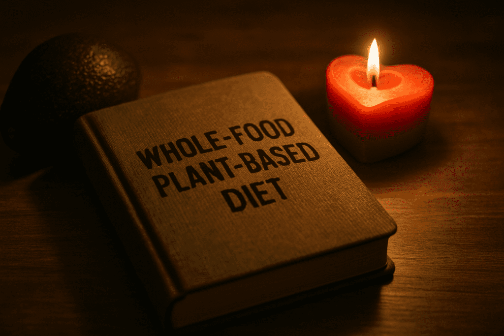 A close-up shot of a textured journal, a ripe avocado, and a glowing heart-shaped candle placed on a warm-toned wooden surface. The soft ambient lighting enhances the cozy atmosphere, symbolizing mindful reflection and a heart-healthy, plant-based lifestyle.