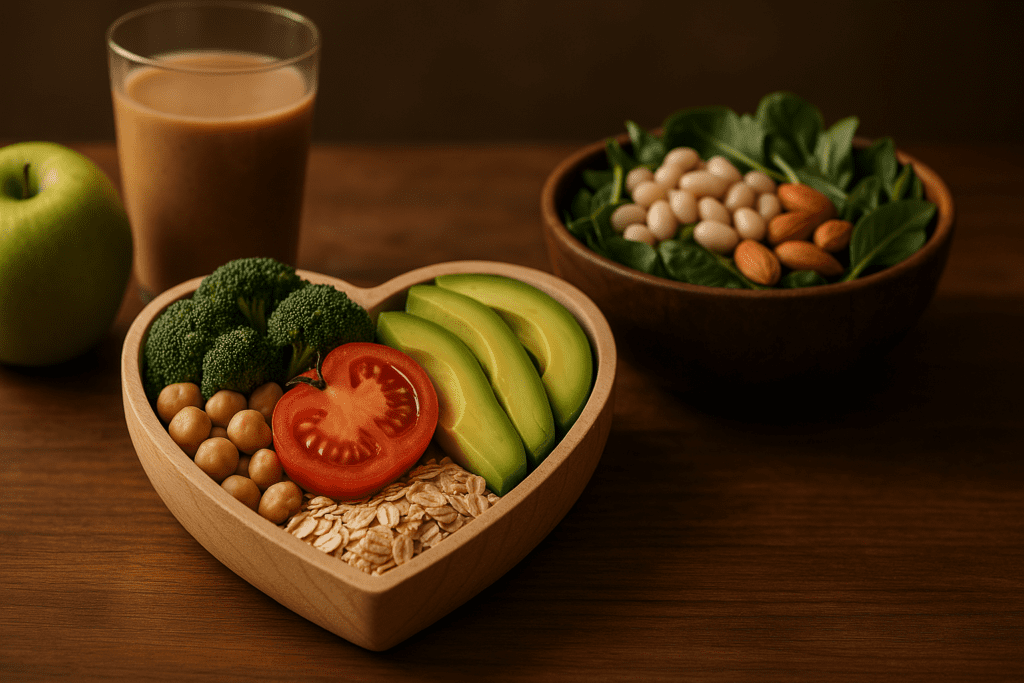 An assortment of heart-healthy whole-food, plant-based ingredients, including broccoli, chickpeas, tomatoes, avocado slices, rolled oats, and spinach, is arranged on a wooden surface. A heart-shaped bowl and a glass of plant-based milk complement the vibrant and nutritious display, framed by a softly blurred background.