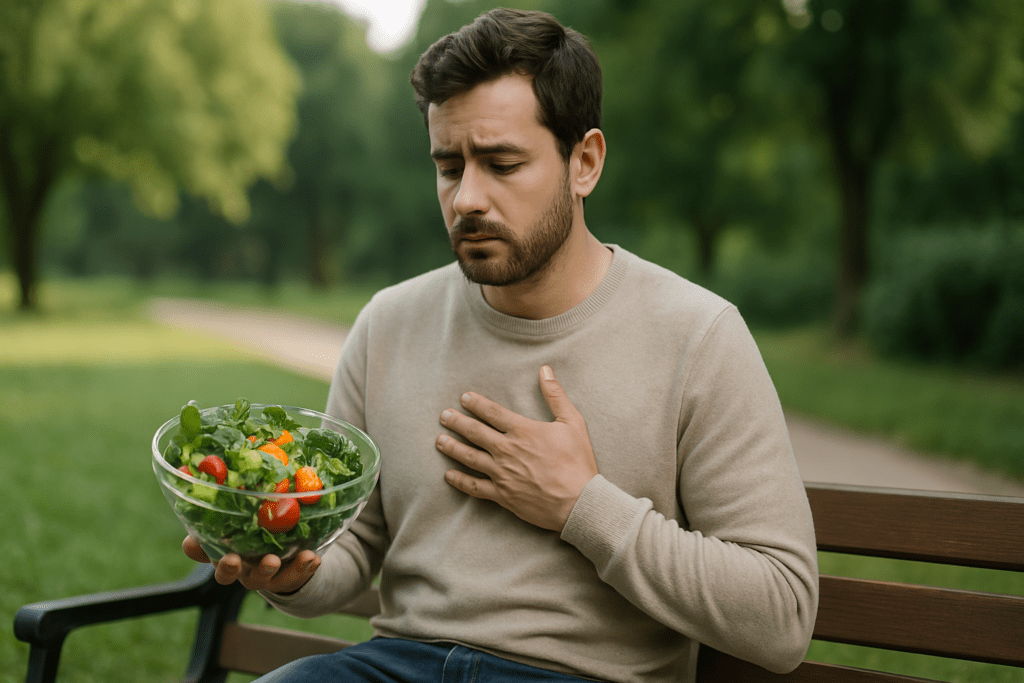 A light-skinned man in his 30s sits quietly on a park bench in the morning, holding a bowl of colorful salad while lost in thought. The sunlight gently illuminates his face and the vibrant vegetables, with the serene park setting softly blurred behind him.