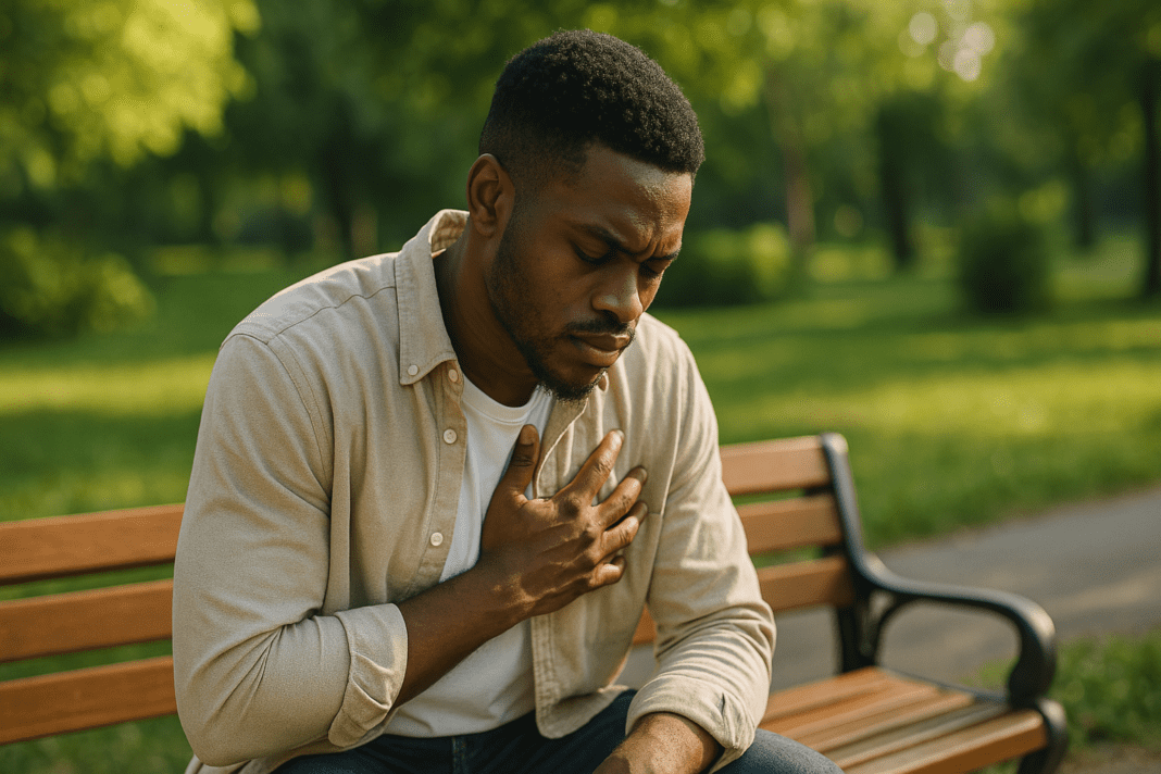 A young African American man sits alone on a wooden bench in a peaceful park, surrounded by lush greenery. His contemplative posture, with one hand over his heart and eyes downcast, conveys quiet reflection. The warm morning sunlight filters through the leaves, reinforcing the theme of heart health and mindfulness.