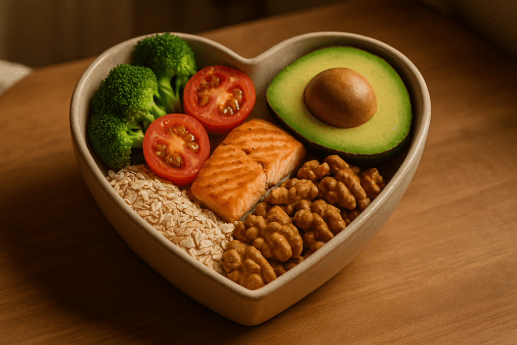 Top 7 Foods That Unclog Arteries Naturally and Support Heart Health 1 A heart-shaped ceramic bowl filled with vibrant, heart-healthy foods sits on a rustic wooden table. The assortment includes green broccoli, red tomatoes, grilled salmon, avocado, oats, and walnuts, all illuminated by soft, natural light. The fresh ingredients symbolize a diet that supports heart health and unclogs arteries naturally.