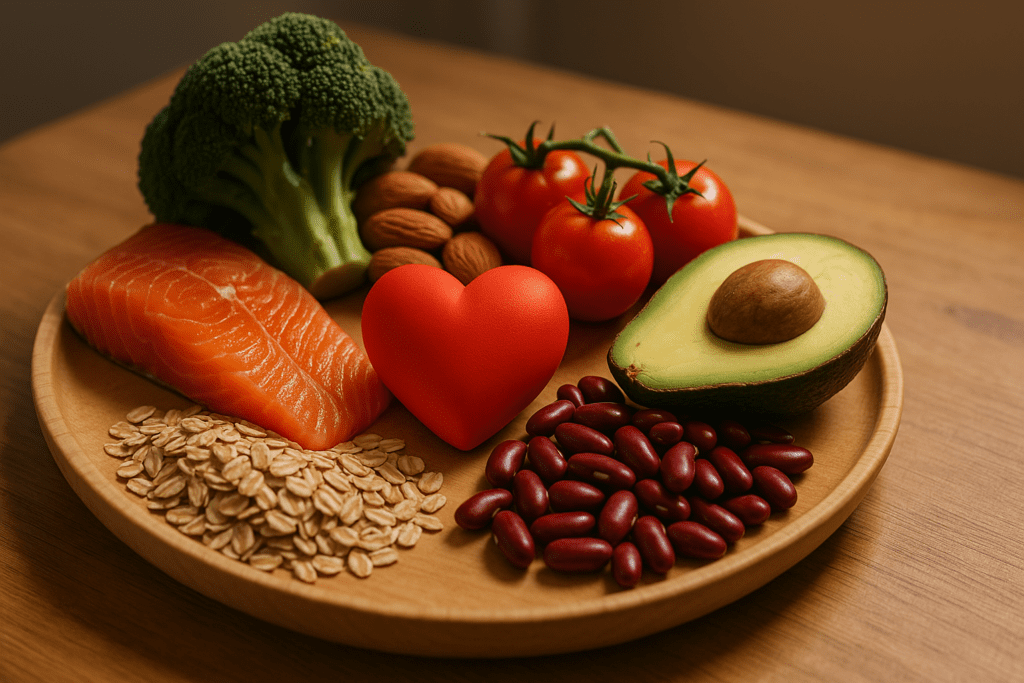 Top 7 Foods That Unclog Arteries Naturally and Support Heart Health 2 A wooden plate displays a variety of heart-healthy foods, including broccoli, almonds, salmon, tomatoes, avocado, oats, and kidney beans, all arranged around a red heart symbol. Set on a warm wooden background and highlighted by soft, warm lighting, the composition visually emphasizes the role of these foods in promoting cardiovascular health