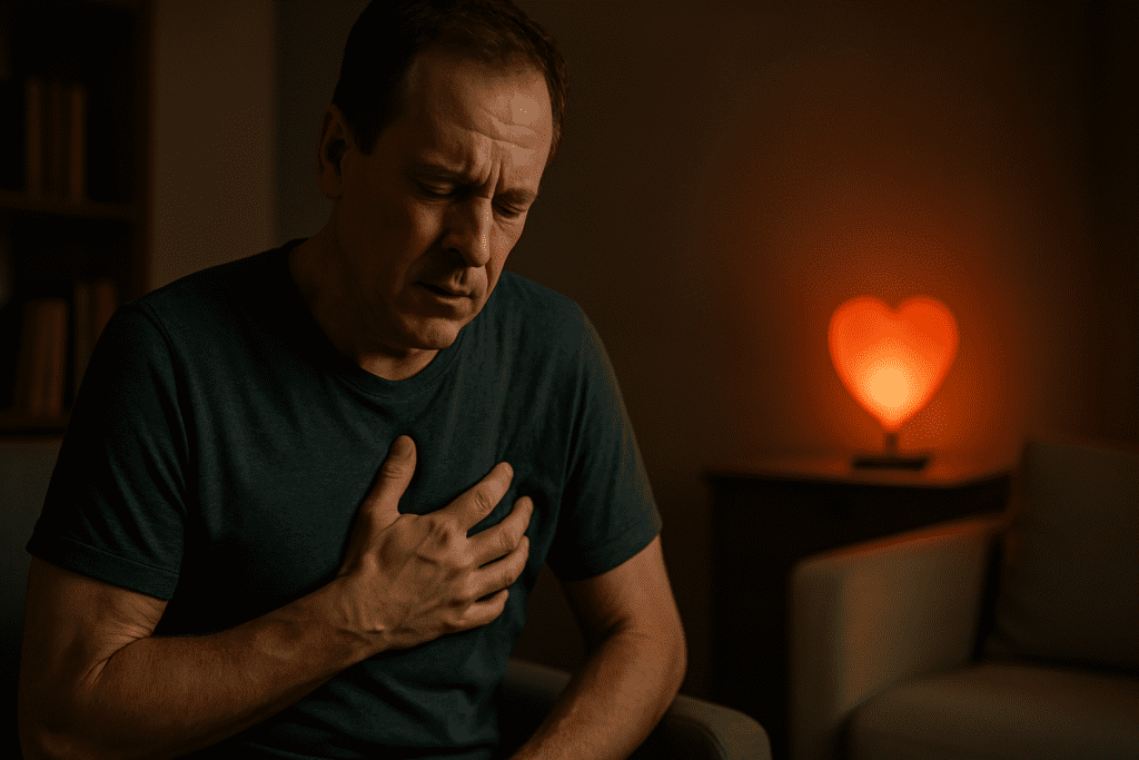 Top 7 Foods That Unclog Arteries Naturally and Support Heart Health 3 A middle-aged man with short brown hair and light skin sits alone in a dimly lit living room, his hand resting gently over his heart as he closes his eyes in quiet reflection. A heart-shaped lamp casts a warm, ambient glow that highlights the man’s contemplative mood and the surrounding minimalist furniture, reinforcing the theme of heart awareness and emotional well-being."