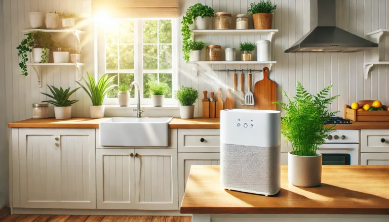 A bright and clean kitchen featuring an air purifier on the counter, with natural sunlight and fresh indoor plants, symbolizing a mold-free and toxin-free living space.