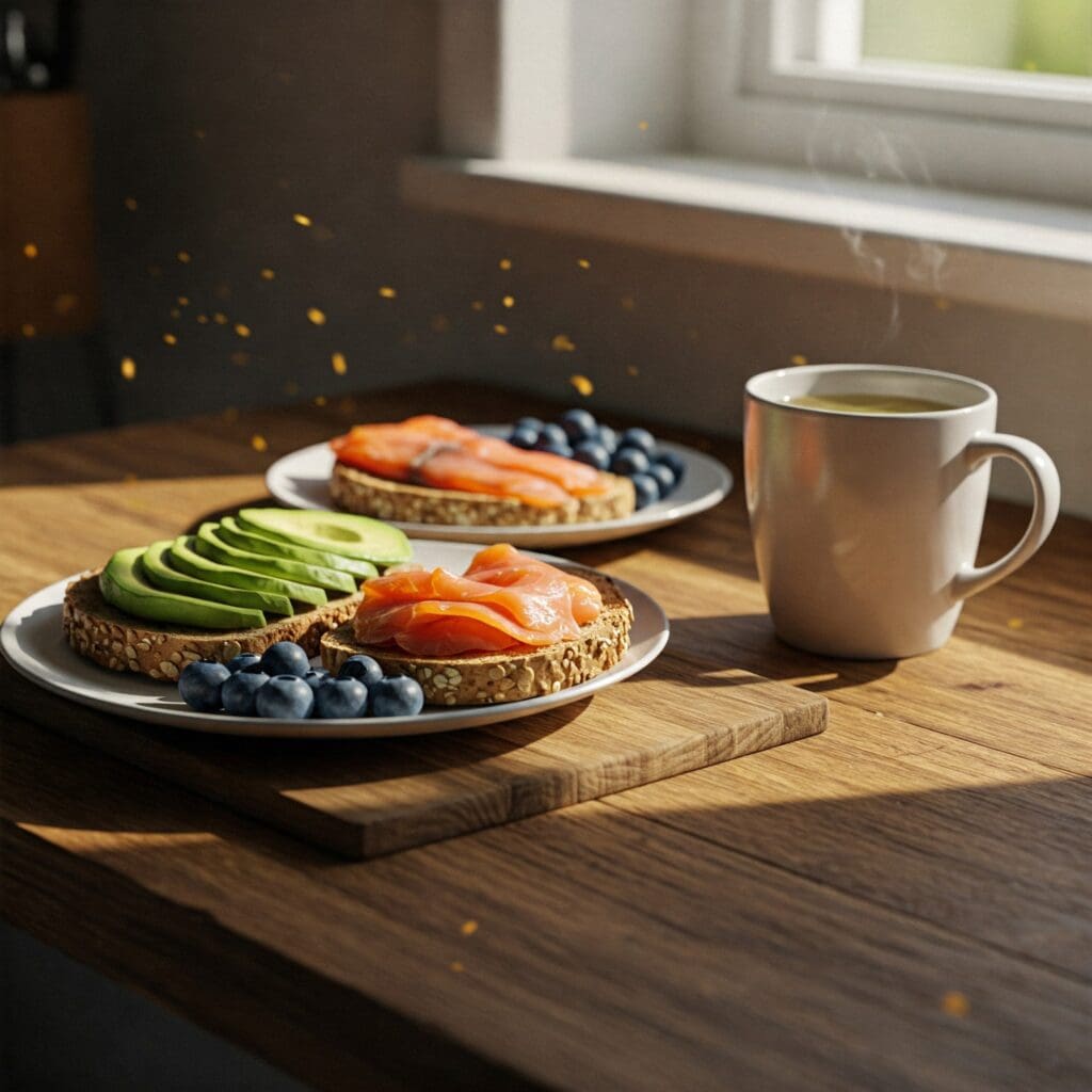 "A nutritious breakfast of avocado toast, smoked salmon, and blueberries arranged on a wooden table in natural morning light. These cortisol-balancing foods are rich in healthy fats and antioxidants for stress reduction."