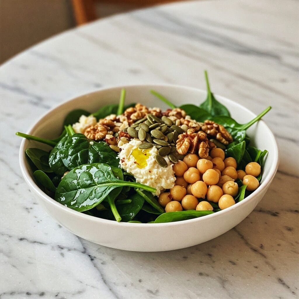 "A colorful Mediterranean bowl packed with leafy greens, chickpeas, and nuts sits under warm kitchen lighting. These magnesium-rich foods help regulate cortisol levels naturally as part of a stress-reducing diet."