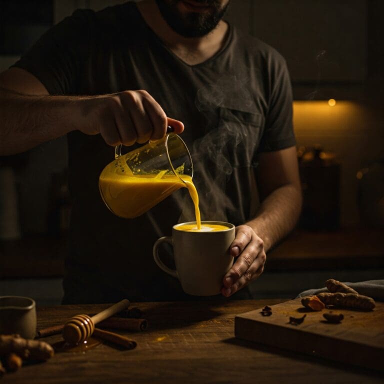 "Warm turmeric latte being prepared in a dimly lit kitchen, its anti-inflammatory properties ideal for lowering evening cortisol levels. The atmospheric scene promotes relaxing, stress-reducing nighttime rituals."