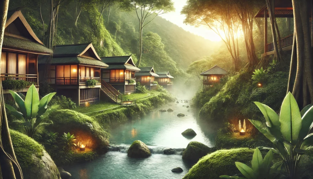 A serene wellness retreat with hot mineral baths surrounded by lush greenery and a flowing river, representing a peaceful detoxification program