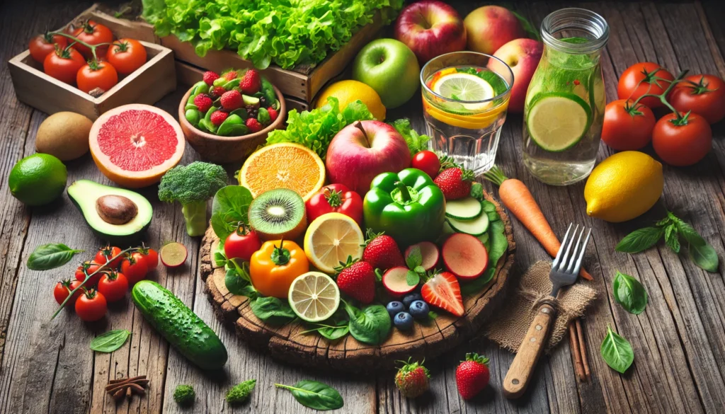 A vibrant detox meal featuring colorful organic fruits and vegetables on a rustic wooden table with infused water, symbolizing healthy nutrition and detoxification