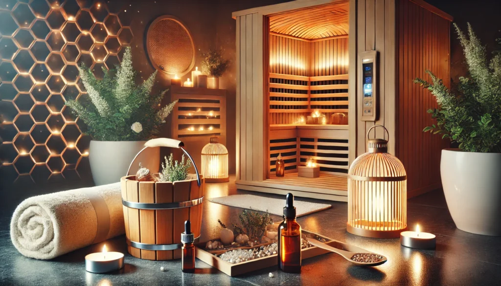 A luxurious infrared sauna with soft glowing lights, essential oils, and a wooden bucket, representing deep detoxification and rejuvenation through heat therapy