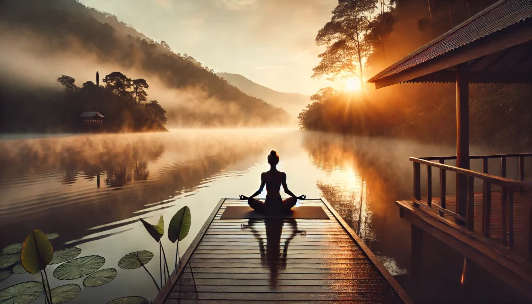 A tranquil meditation and yoga retreat at a detox center, with a person practicing yoga near a misty lake at sunrise, symbolizing mindfulness and holistic detoxification