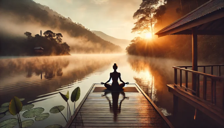A tranquil meditation and yoga retreat at a detox center, with a person practicing yoga near a misty lake at sunrise, symbolizing mindfulness and holistic detoxification