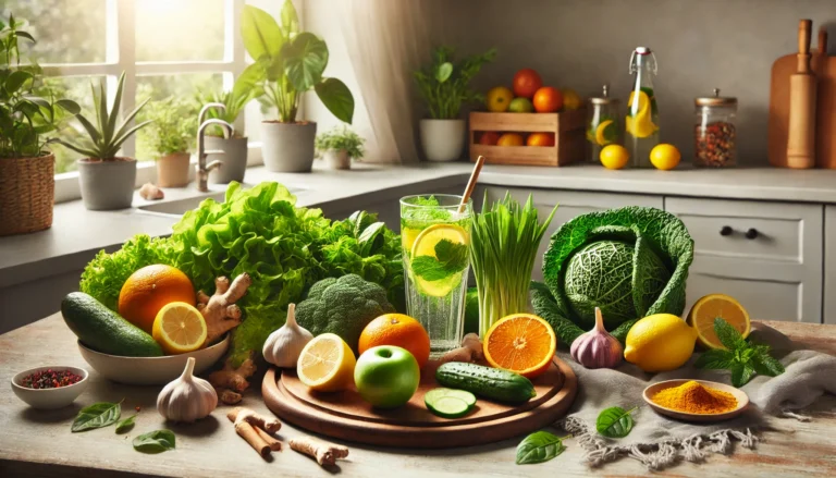 A serene wellness scene featuring detoxifying foods such as leafy greens, citrus fruits, garlic, and turmeric on a wooden kitchen counter, accompanied by a glass of infused detox water with lemon and mint, symbolizing health and vitality