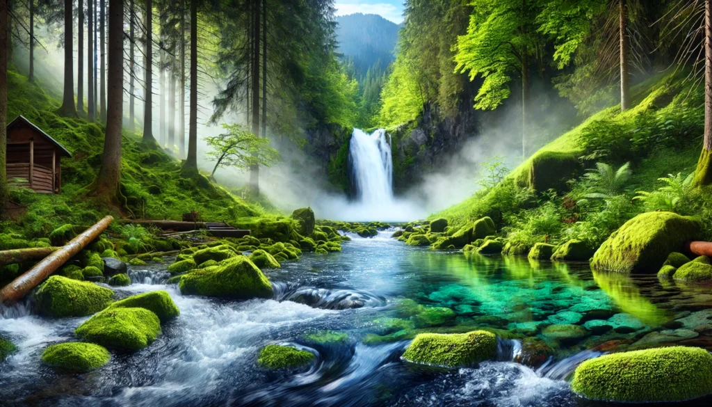 A tranquil forest setting with a flowing waterfall and mist rising above a crystal-clear river, surrounded by lush green trees and moss-covered rocks, representing the body's natural detoxification processes