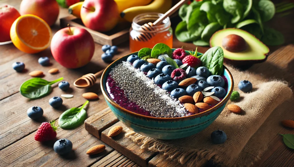 A vibrant smoothie bowl with detoxifying ingredients like blueberries, chia seeds, spinach, and almonds, garnished with coconut shavings and honey, placed on a rustic wooden table with fresh fruits and greens in the background, symbolizing natural detoxification and nourishment