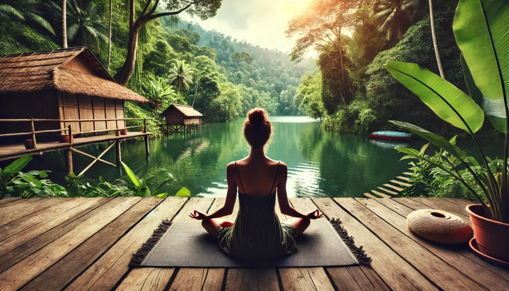 A peaceful yoga and meditation session on a wooden deck near a calm lake, surrounded by lush greenery, with a person sitting cross-legged in a meditative pose, evoking relaxation, deep breathing, and holistic detoxification through mindfulness and movement