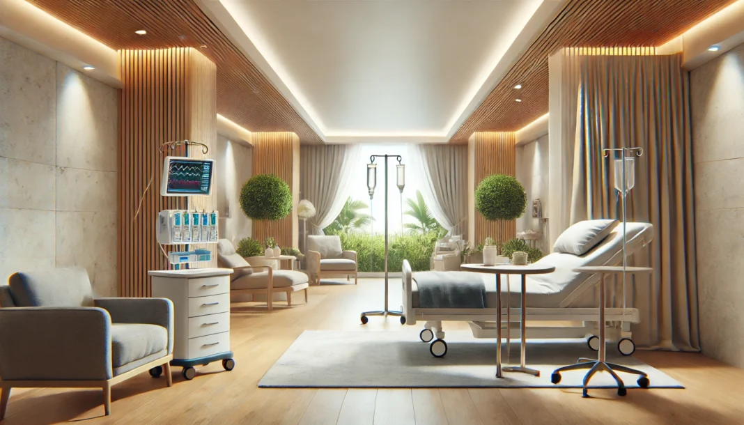 A serene medical detox facility with a clean, modern interior, featuring comfortable patient rooms and advanced medical equipment, conveying a safe and supportive environment for recovery