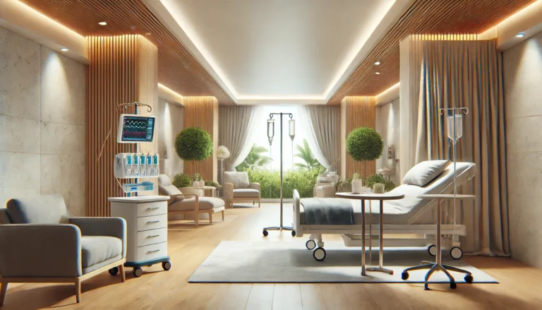 A serene medical detox facility with a clean, modern interior, featuring comfortable patient rooms and advanced medical equipment, conveying a safe and supportive environment for recovery