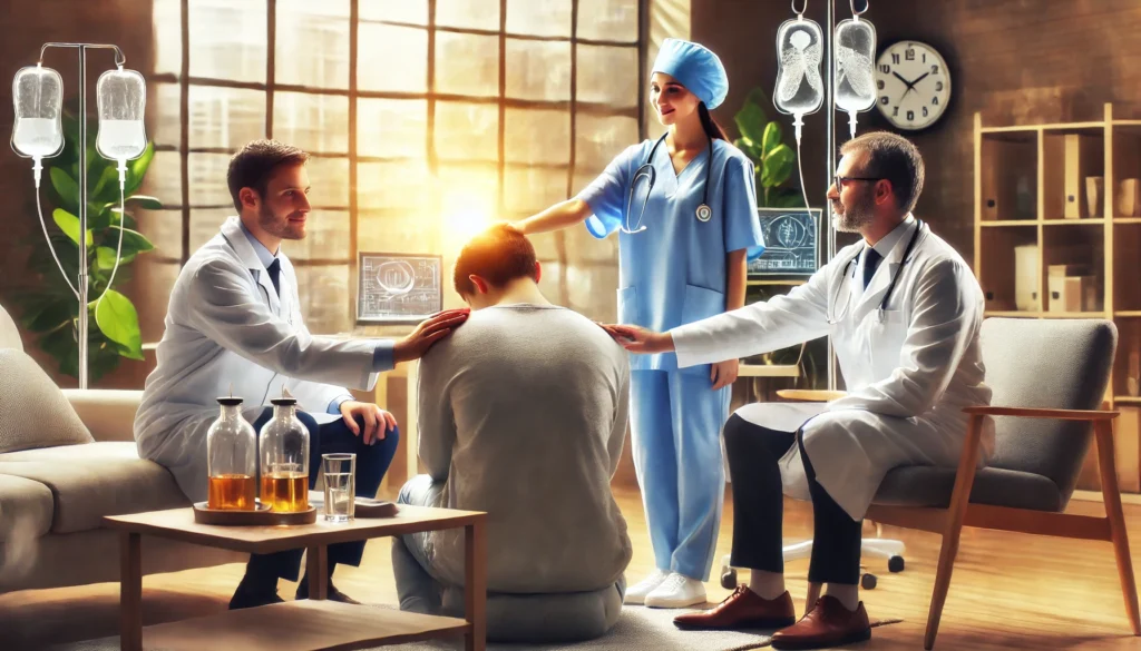 A compassionate medical team assisting a patient in a detox facility, with caring doctors and nurses providing support in a bright and reassuring setting, symbolizing safe detoxification