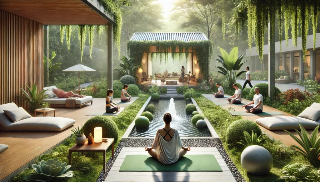 A peaceful outdoor wellness area at a detox facility, showcasing a meditation garden with greenery, a small fountain, and patients engaging in relaxation activities such as yoga and deep breathing