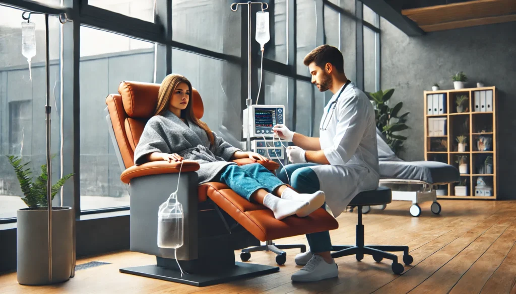 A patient undergoing a supportive detox process in a modern rehabilitation center, receiving IV therapy and medical monitoring while sitting in a comfortable recliner, highlighting the importance of professional care