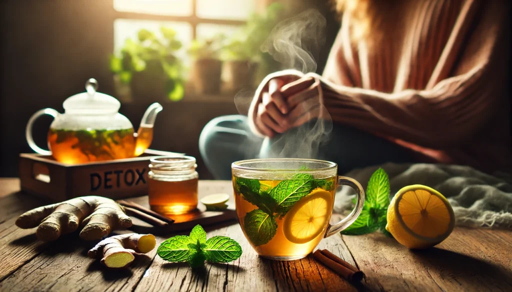 How to Detox Your Body from Smoking: Best Detox Drinks and Cleanses for Smokers 1 A person holding a steaming cup of herbal detox tea infused with mint, lemon, and ginger, sitting by a window with natural light streaming in