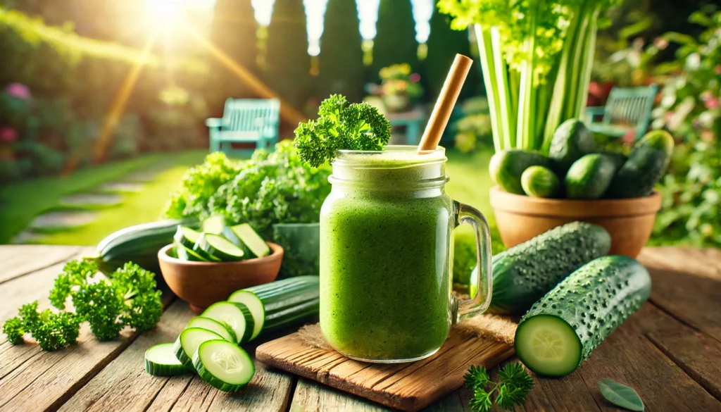 How to Detox Your Body from Smoking: Best Detox Drinks and Cleanses for Smokers 2 A green smoothie in a glass jar with a bamboo straw, surrounded by fresh kale, cucumbers, and celery, set in a sunlit garden emphasizing natural detoxification